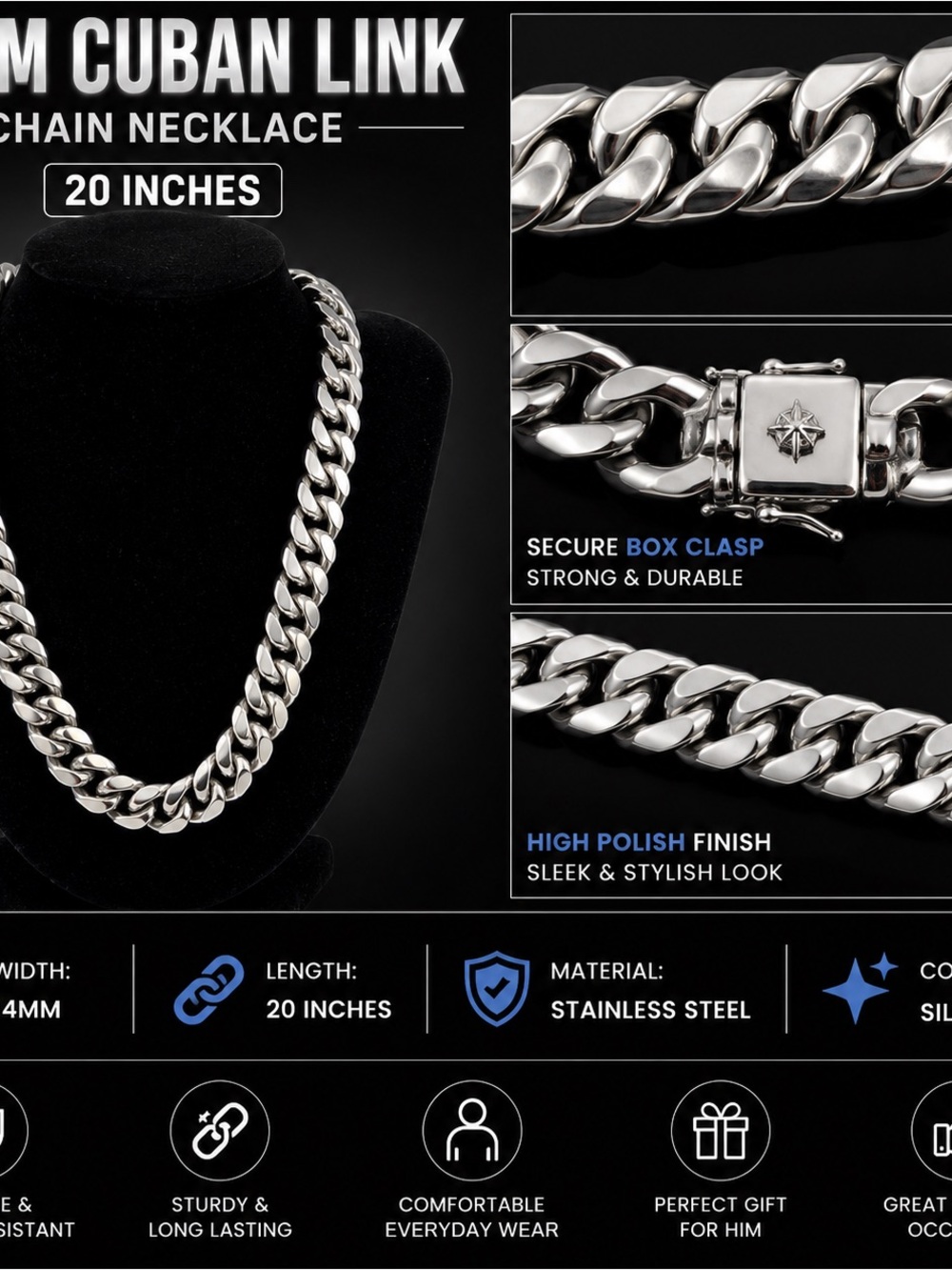 14mm Cuban Link Chain Necklace 20 Inch Stainless Steel Silver Tone